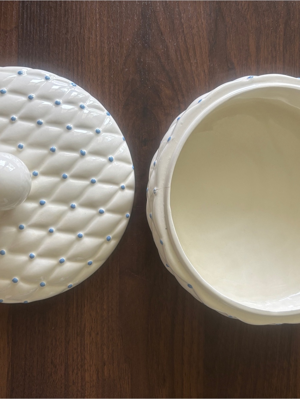 White Ceramic Lidded Jar with Light Blue Dot Detail